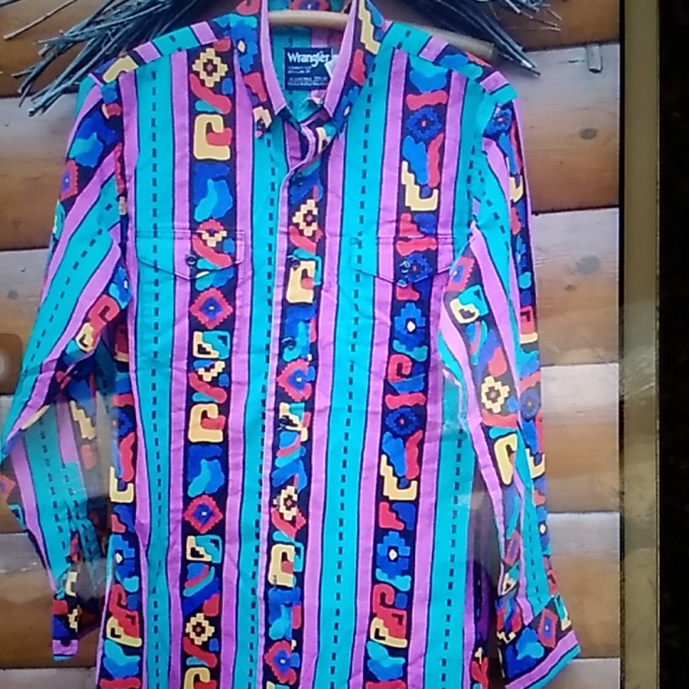 🤠 WRANGLER SOUTHWEST RODEO AZTEC Shirt, TURQUOISE 80's COWBOY Sz M UniSex